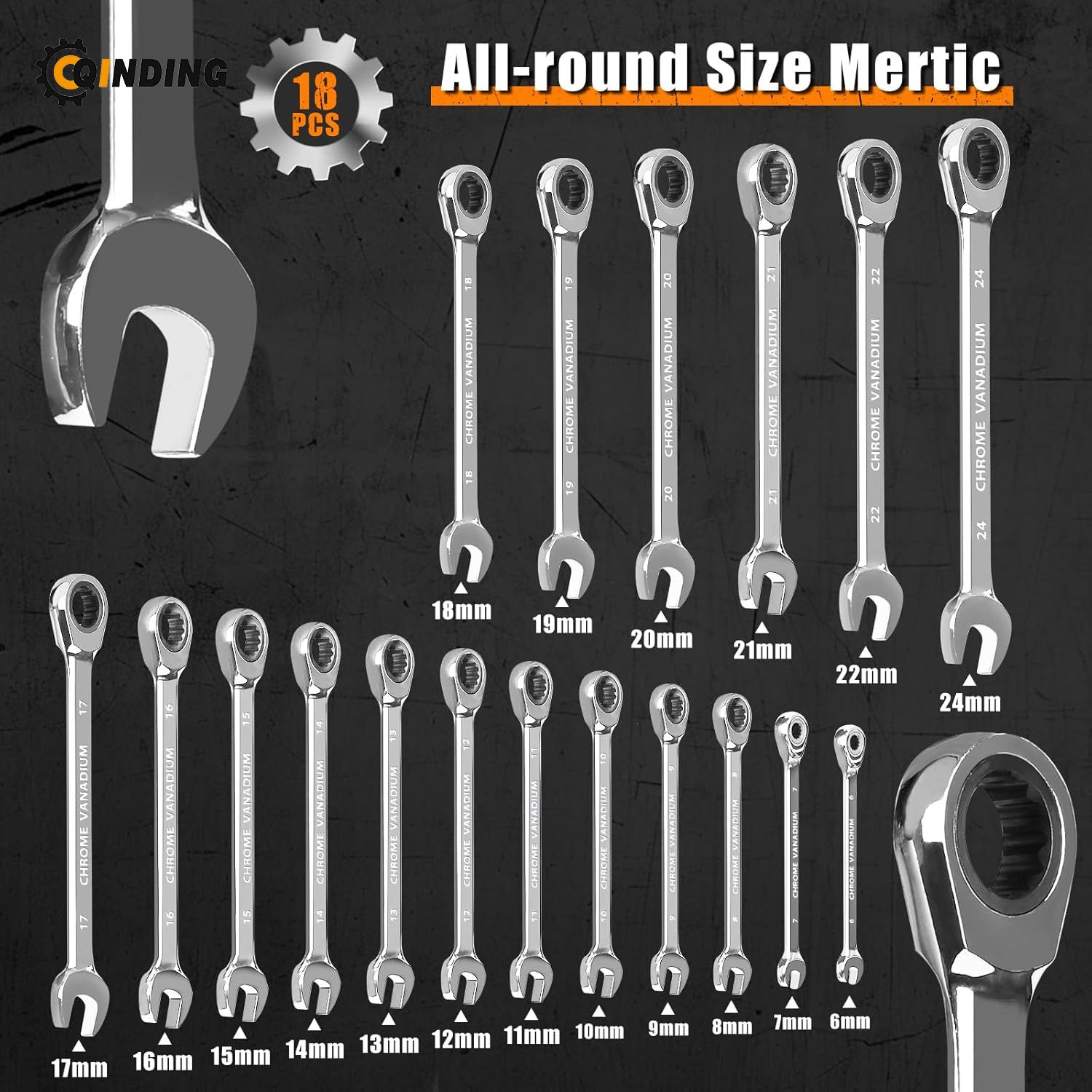 Ratcheting Spanners Wrench Set 6 mm - 24 mm Metric Wrench Set 18pc, 72 Teeth Combination Wrenches Set Chrome Vanadium Steel with a Roll Up Storage Bag
