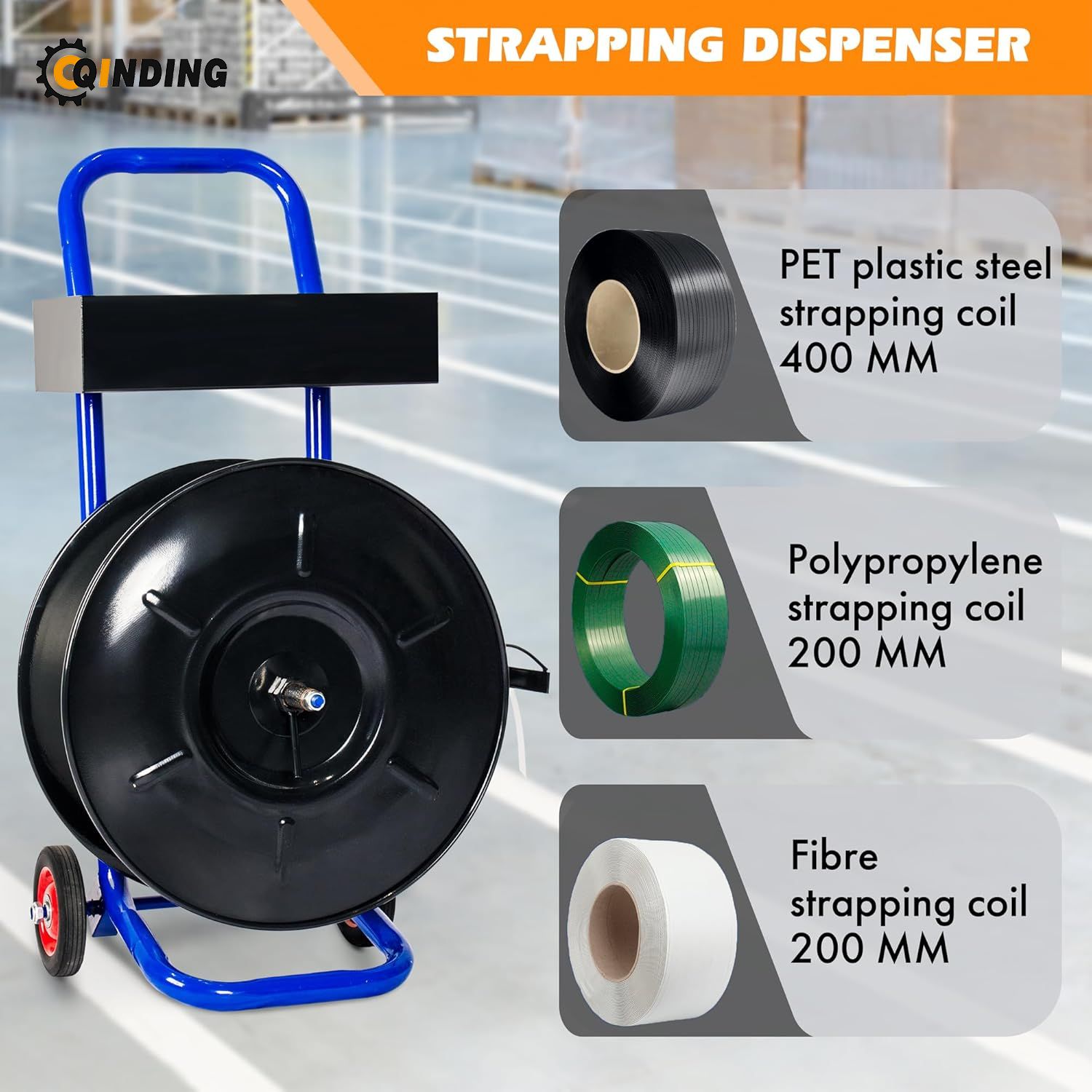 Strapping Dispenser for 8" x 8" Poly and Steel Strapping Heavy Duty Strapping Cart with Spacious Tray for Strapping Tool Seals and Gloves