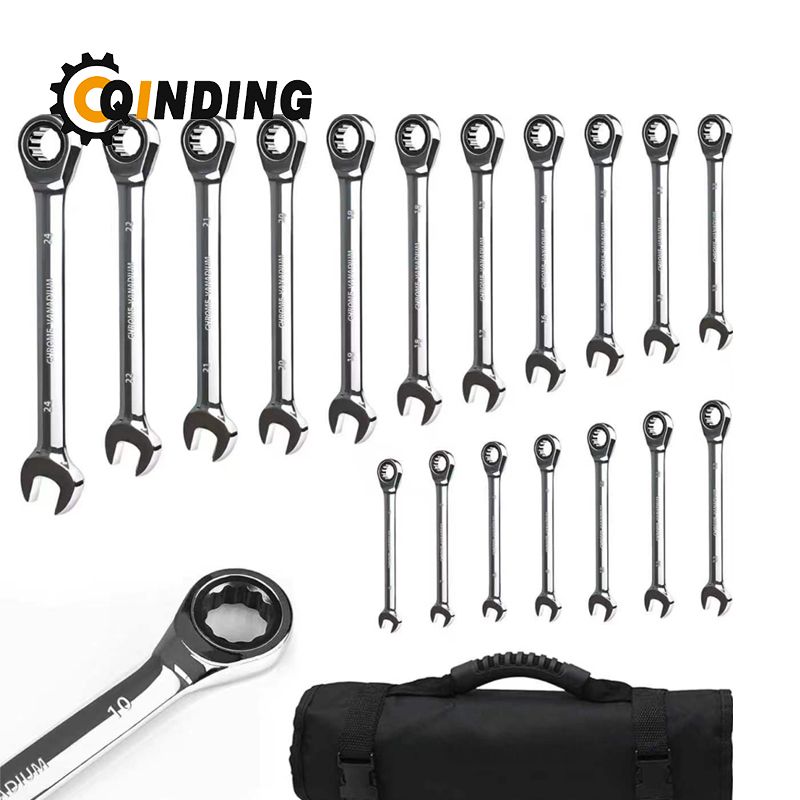 Ratcheting Spanners Wrench Set 6 mm - 24 mm Metric Wrench Set 18pc, 72 Teeth Combination Wrenches Set Chrome Vanadium Steel with a Roll Up Storage Bag