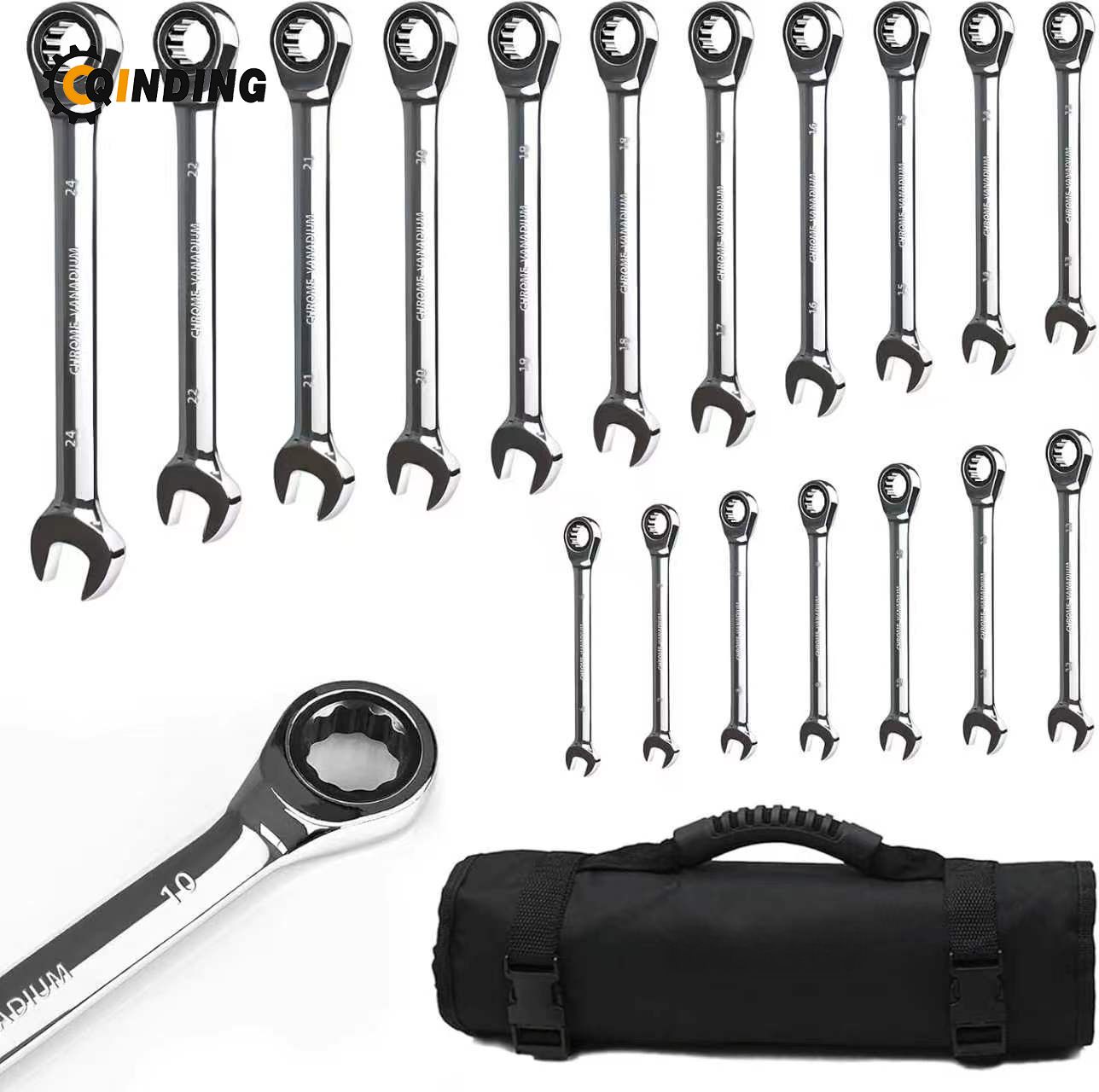 Ratcheting Spanners Wrench Set 6 mm - 24 mm Metric Wrench Set 18pc, 72 Teeth Combination Wrenches Set Chrome Vanadium Steel with a Roll Up Storage Bag